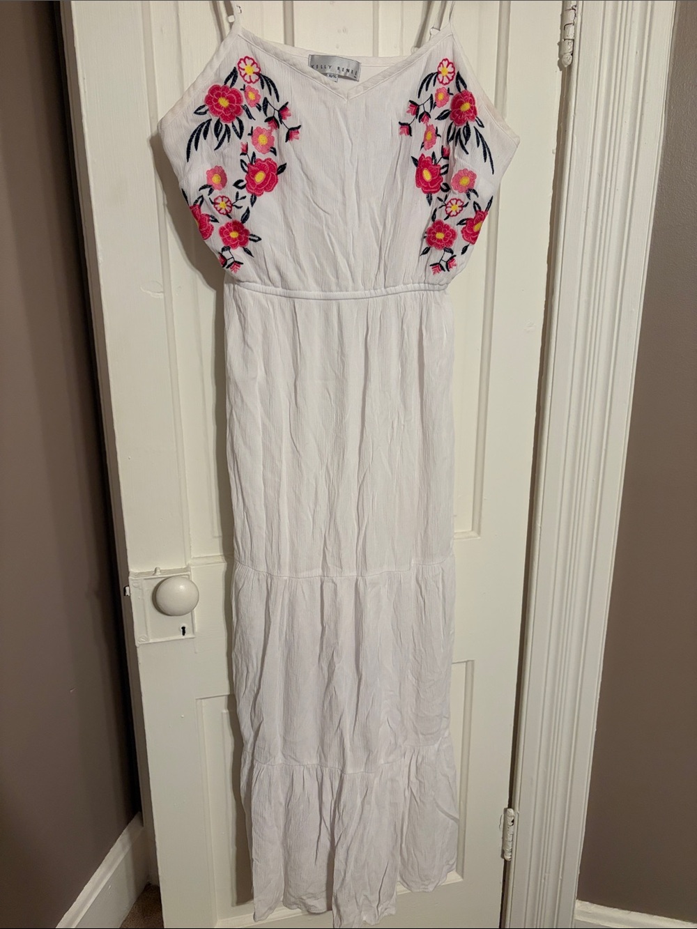 White Embroidered Maxi Dress with Pink Floral Detail